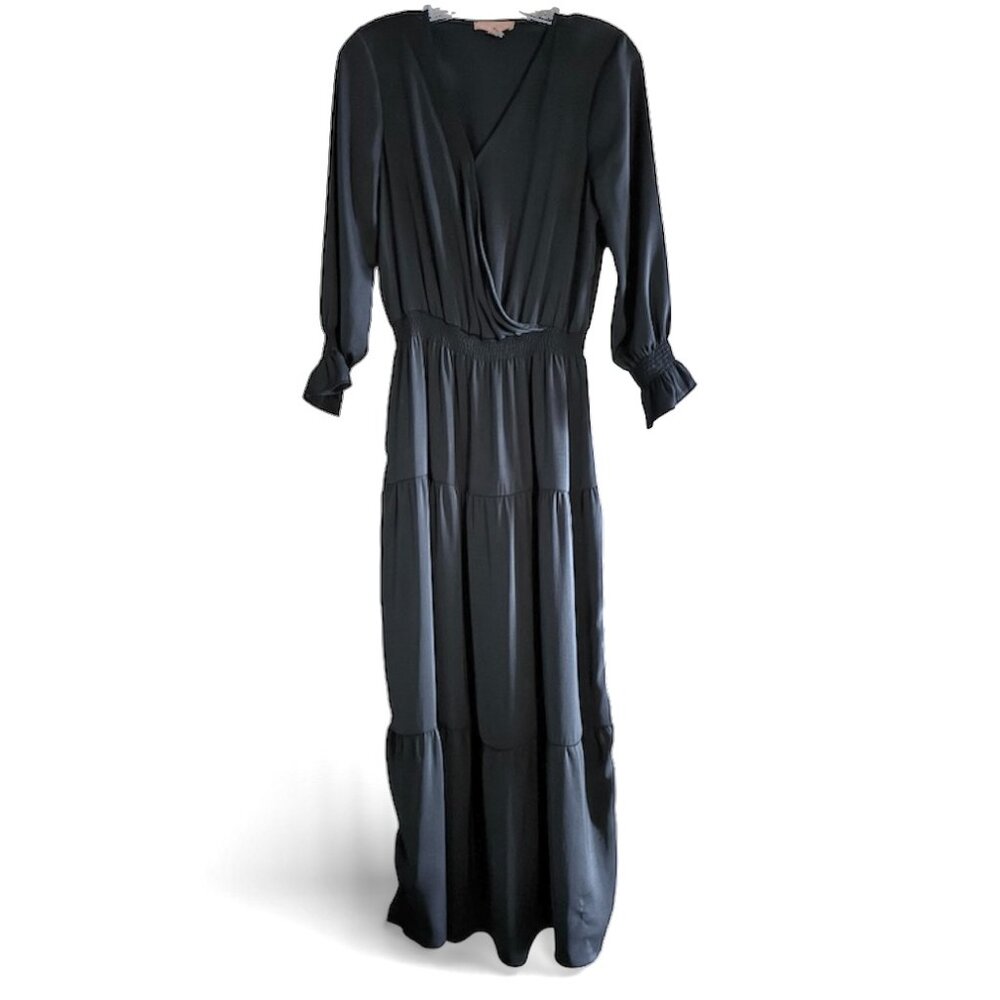Gigi Parker Washed Satin Maxi Peasant Dress Black Size S